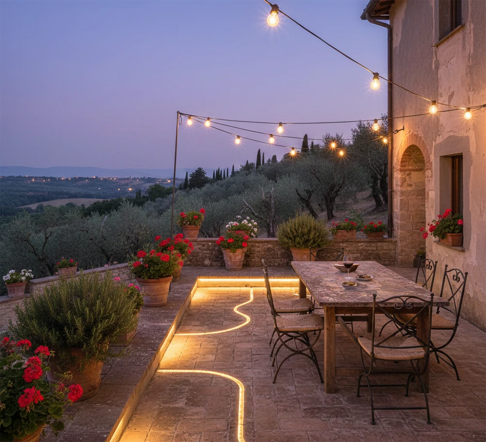 Come illuminare la terrazza, illuminazione lineare e radente: led flessibile binario nano di LuceControCorrente